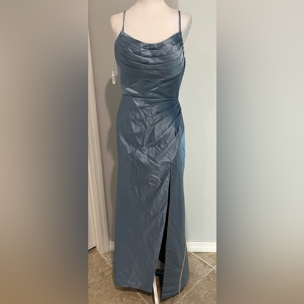 Elegant Dusty Blue Glam slit satin gown sz 6 - Picture 4 of 8